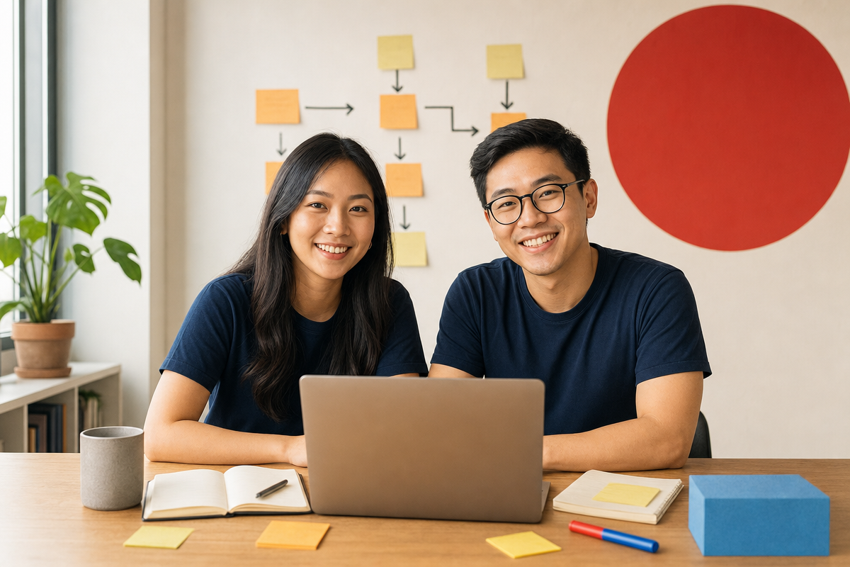 Two marketing professionals smiling at camera while working together at a desk with a laptop, sticky note workflow diagram on the wall behind them in a bright Singapore office